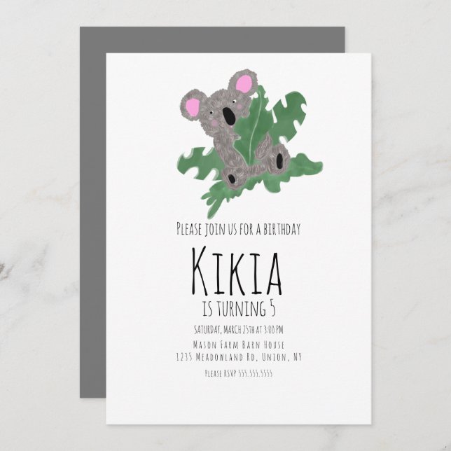 Invitation de la fête d'anniversaire de Koala (Devant / Derrière)