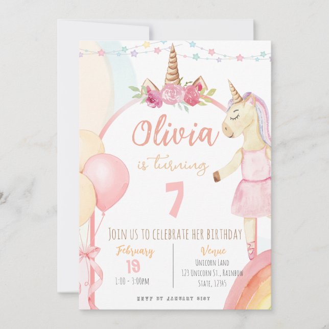 Invitation de la fête d'anniversaire de la Unicorn (Devant)