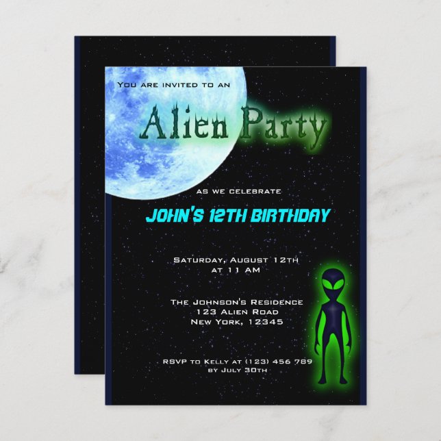 Invitation de la fête d'anniversaire des Aliens su (Devant / Derrière)