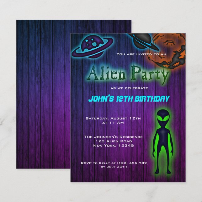 Invitation de la fête d'anniversaire des Aliens su (Devant / Derrière)