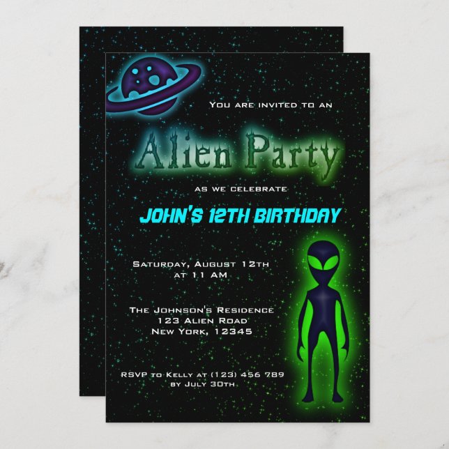 Invitation de la fête d'anniversaire des Aliens su (Devant / Derrière)