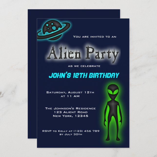 Invitation de la fête d'anniversaire des Aliens su (Devant / Derrière)