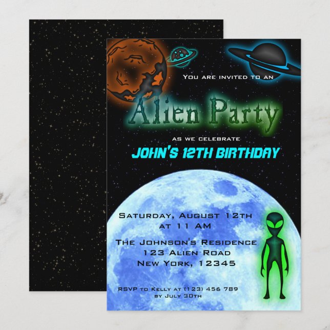 Invitation de la fête d'anniversaire des Aliens su (Devant / Derrière)