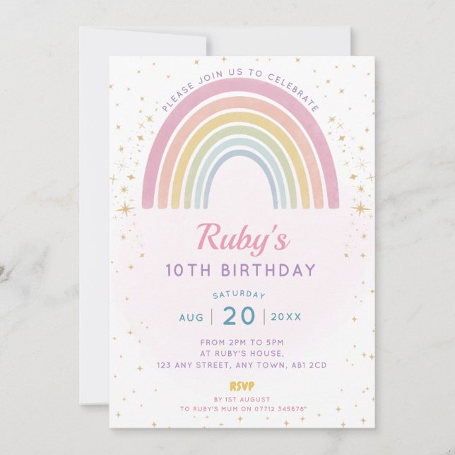 Invitation de la fête d'anniversaire Pastel Rainbo (Devant)