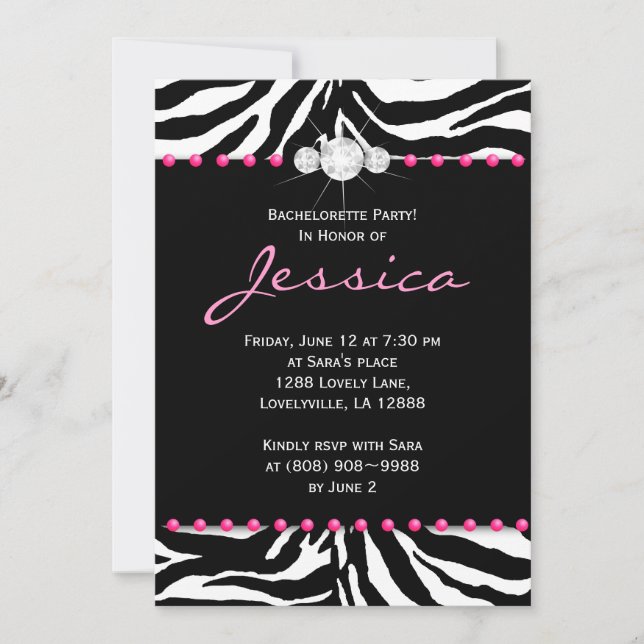 Invitation de la fête de bachelorette Zebra Pink J (Devant)