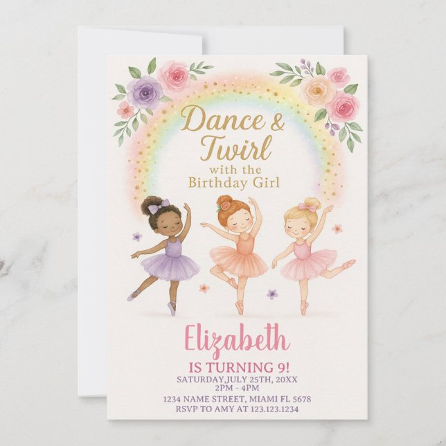 Invitation de la fête de danse rose pour filles (Devant)