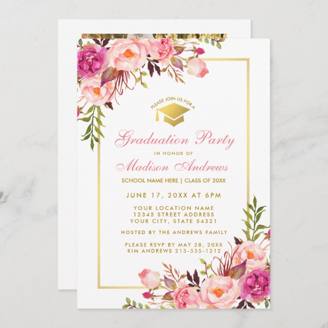 Invitation de la fête de graduation en or rose - R (Devant / Derrière)