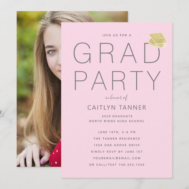 Invitation de la fête de graduation en rose pâle (Devant / Derrière)
