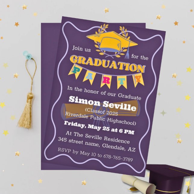 Invitation de la fête de graduation jaune et viole (Créateur téléchargé)