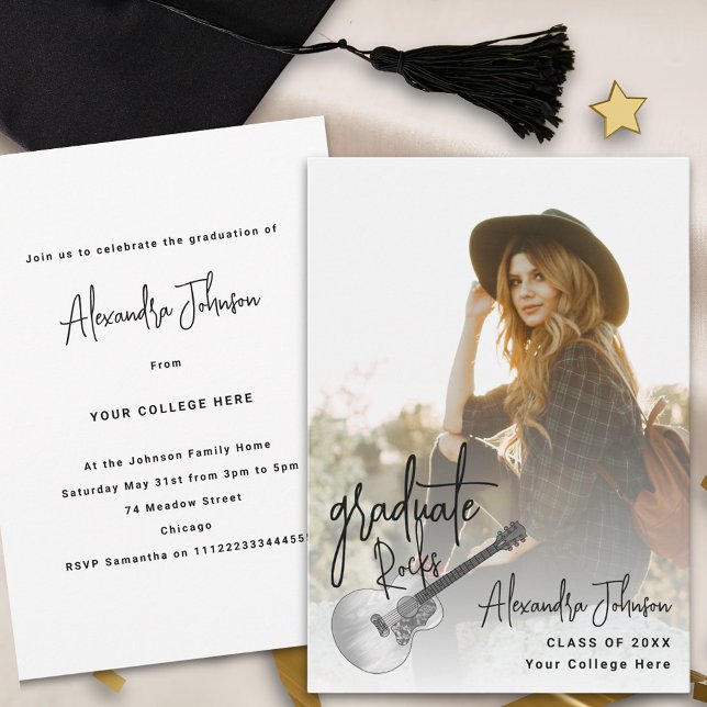 Invitation de la fête de graduation photo moderne  (Modern trendy photo graduation announcement party rustic country guitar music theme)
