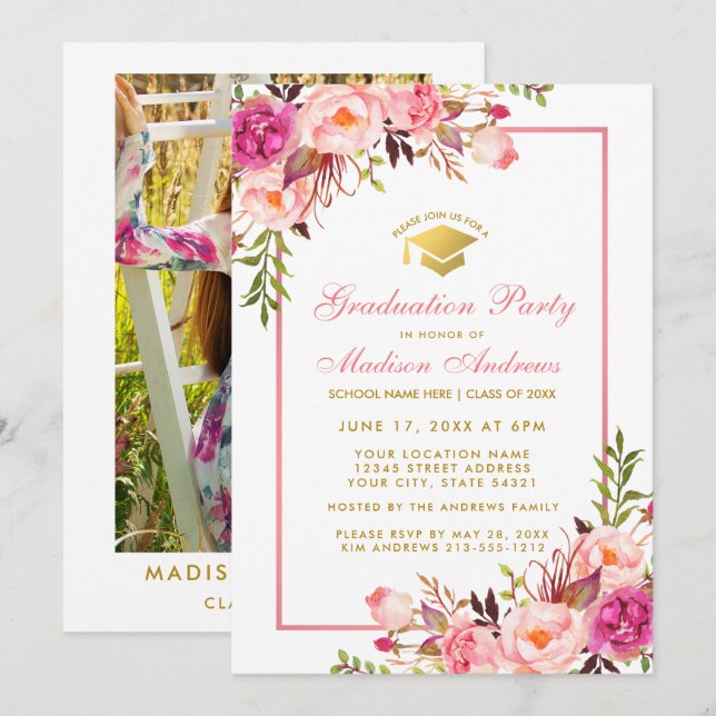 Invitation de la fête de graduation rose et or - P (Devant / Derrière)