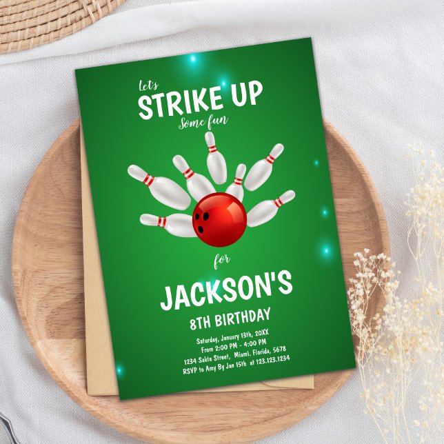 Invitation de la fête de grève modifiable pour enf (Green Background Bowling Birthday Invitations)