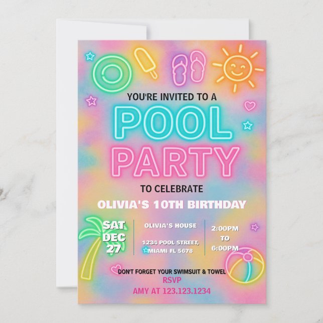 Invitation de la fête de la piscine Neon pour enfa (Devant)