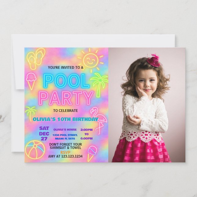Invitation de la fête de la piscine Neon Splash (Devant)