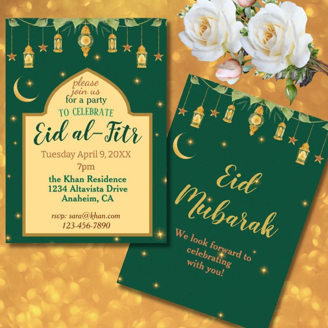 Invitation de la fête de l'Aïd Élégante Lanternes  (This elegant Eid invitation in rich green + gold features lanterns, a crescent moon + script font.)