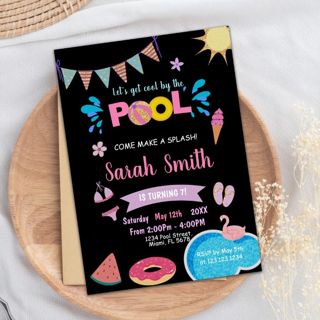 Invitation de la fête de natation d'été Cool pour  (Black Blue Pool Birthday Invitations)