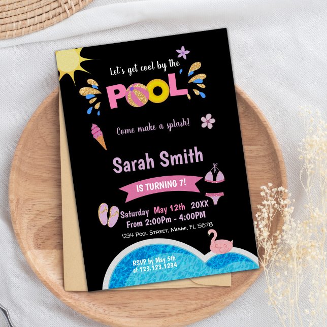 Invitation de la fête de natation d'été moderne et (Purple Black Pool Birthday Invitations)