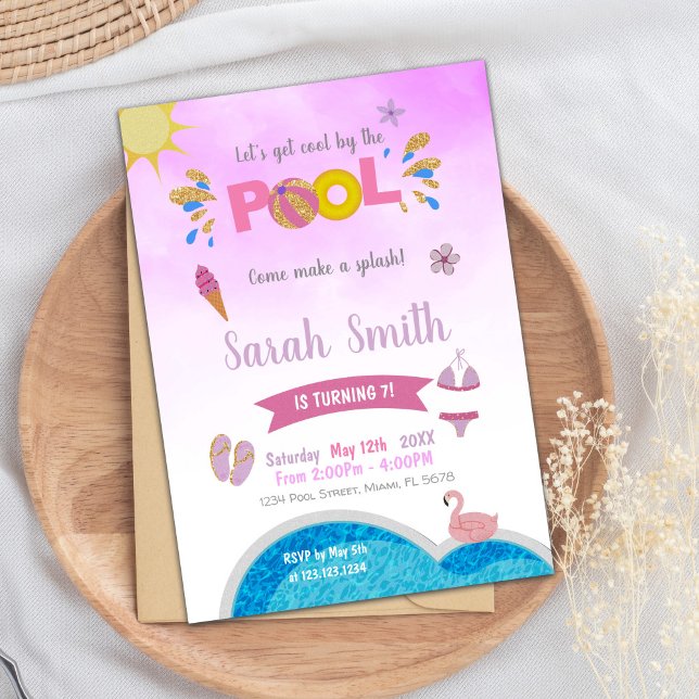 Invitation de la fête de natation d'été pour fille (Purple Pool Birthday Invitations)
