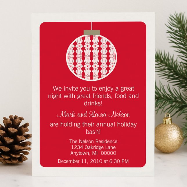 Invitation de la fête de Noël Art Déco, Rouge (Red Art Deco Ornament Christmas Party Invitation)