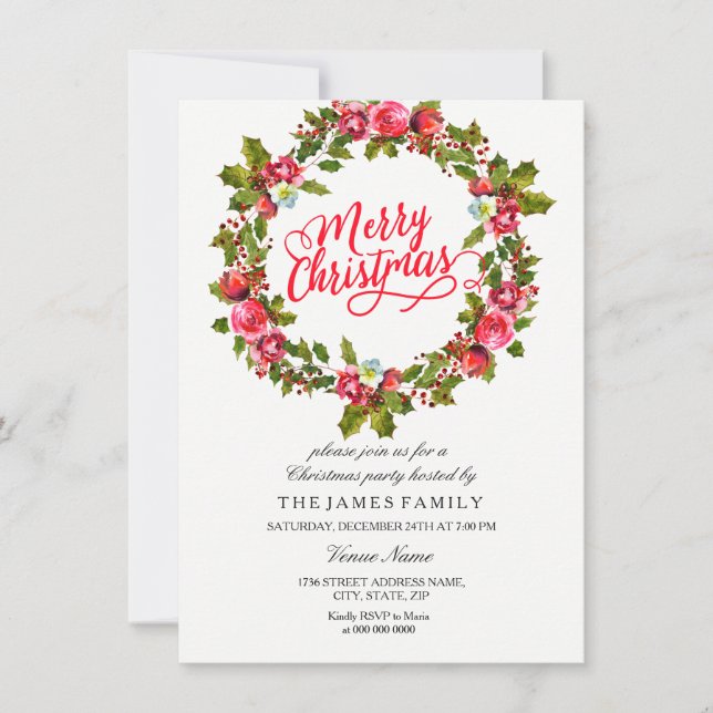 Invitation de la fête de Noël rouge feuille fleuri (Devant)