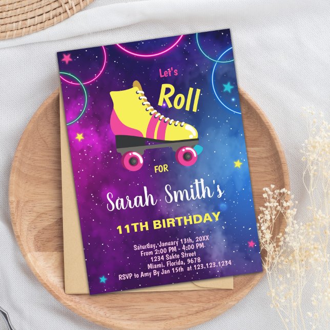 Invitation de la fête de patinage pour filles édit (Purple Pink Roller skating invitations)
