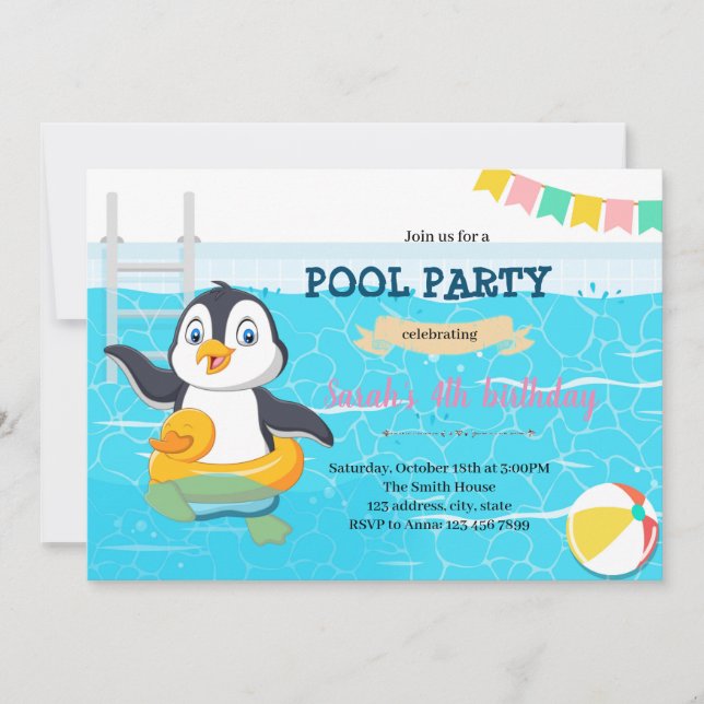 Invitation de la fête de piscine de pingouin (Devant)
