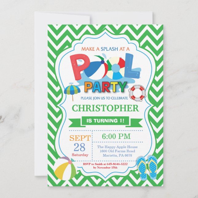 Invitation de la fête de piscine Green Splish Spla (Devant)