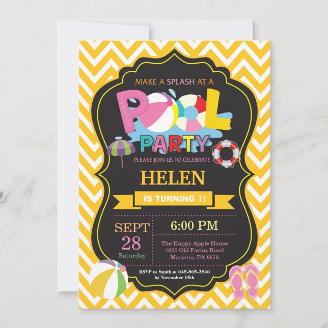Invitation de la fête de piscine Jaune Splish Girl (Devant)