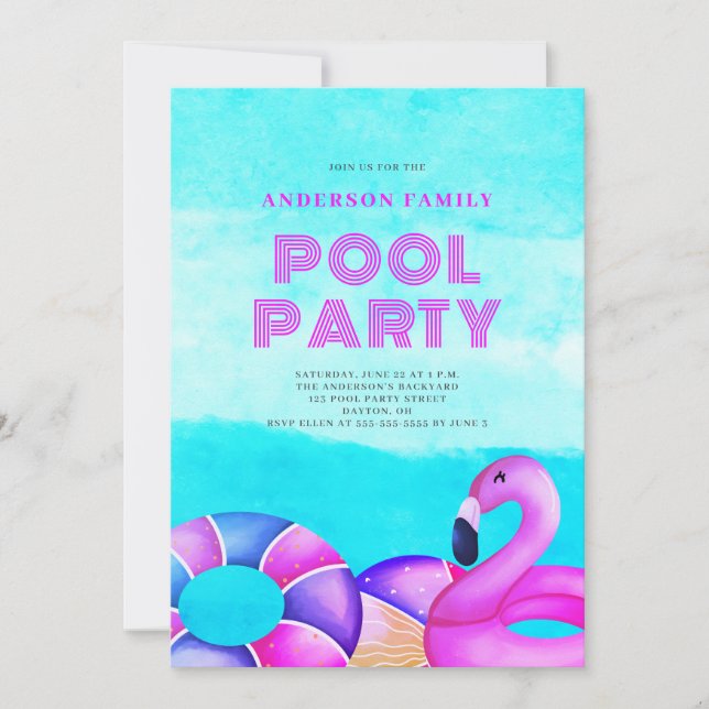 Invitation de la fête de piscine rose (Devant)