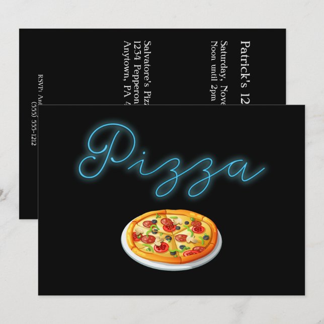 Invitation de la fête de Pizza Neon Glow (Devant / Derrière)