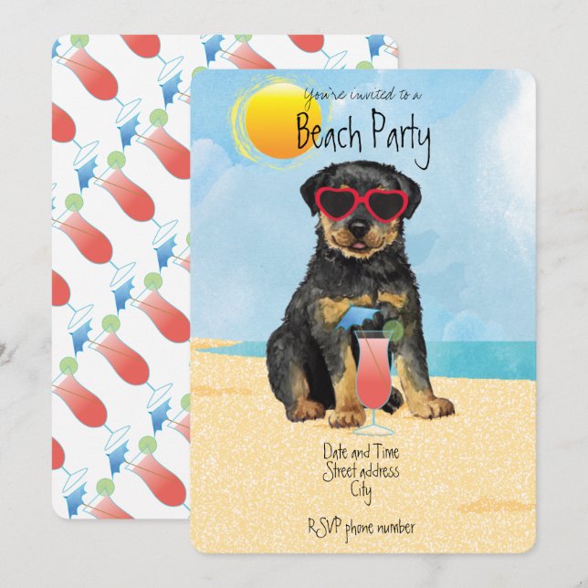 Invitation de la fête de plage de Rottweiler été (Devant / Derrière)