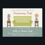 Invitation de la fête de réchauffement de la maiso<br><div class="desc">Une invitation moderne à la fête au foyer avec un code couleur vert, orange, bleu et marron. Un canapé vert trône au milieu des tables d'extrémité marron avec un vase de fleurs et une lampe. Le sol est bleu. Personnalisez le texte en haut et en bas avec les détails de...</div>