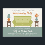 Invitation de la fête de réchauffement de la maiso<br><div class="desc">Une invitation moderne à la fête au foyer avec un code couleur vert, orange, bleu et marron. Un canapé vert trône au milieu des tables d'extrémité marron avec un vase de fleurs et une lampe. Le sol est bleu. Personnalisez le texte en haut et en bas avec les détails de...</div>