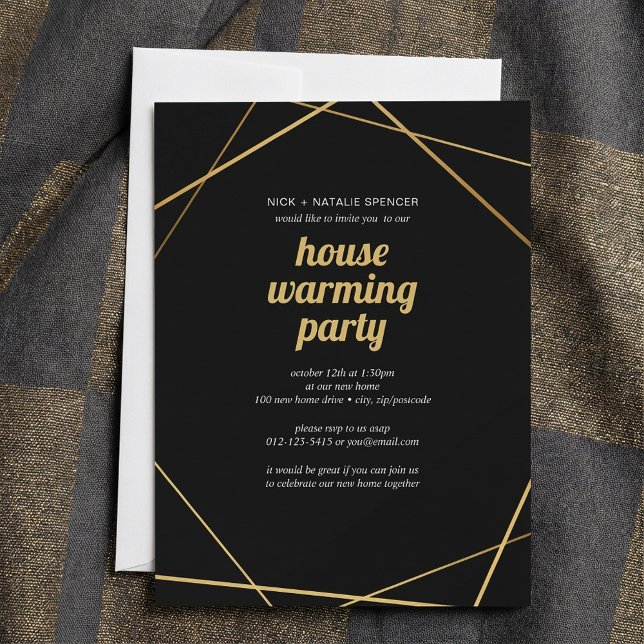 Invitation de la fête de réchauffement de la maiso (Geometric gold House warming party invitation.)