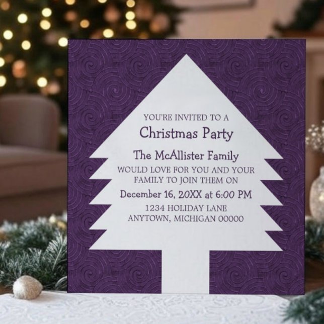 Invitation de la fête des poupées d'arbre de Noël  (Purple Christmas Tree Swirls Party Invitation)