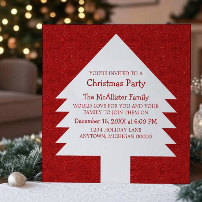 Invitation de la fête des sapins rouges (Red Christmas Tree Swirls Party Invitation)