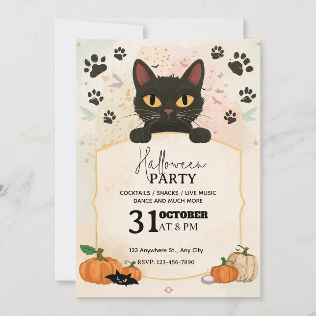 Invitation de la fête d'Halloween Chat Noir | Cute (Devant)