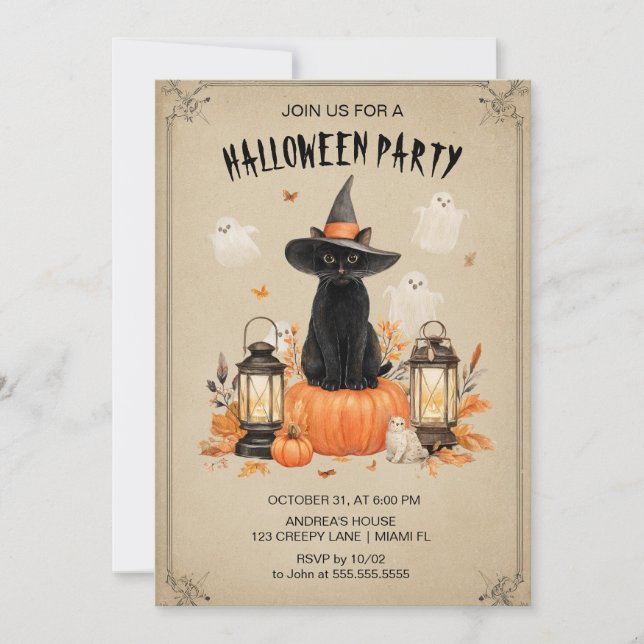 Invitation de la fête d'Halloween Chat noir enchan (Devant)