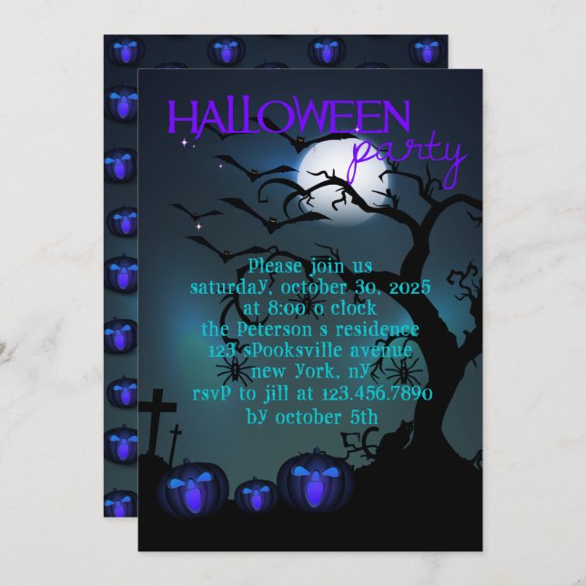 Invitation de la fête d'Halloween Citrouille trois (Devant / Derrière)