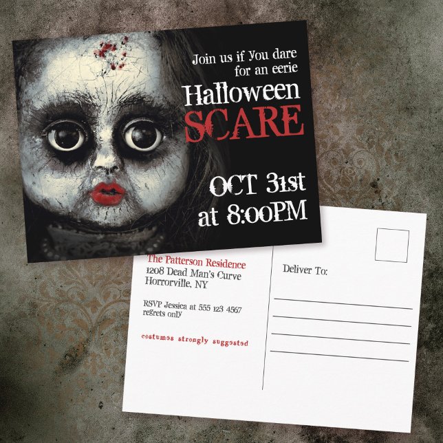 Invitation de la fête d'Halloween Eerie Goth Doll  (Créateur téléchargé)