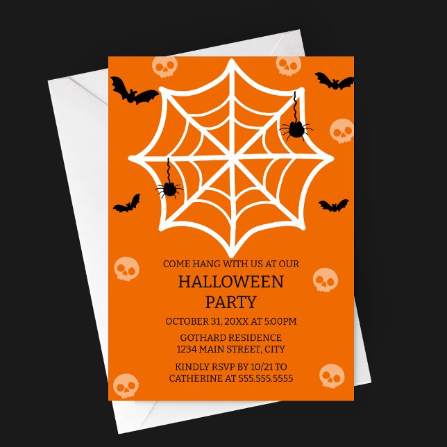 Invitation de la fête d'Halloween éffrayante-mûre  (Cute Spooky Spider Web Halloween Party Invitation with skulls, bats, spiders)