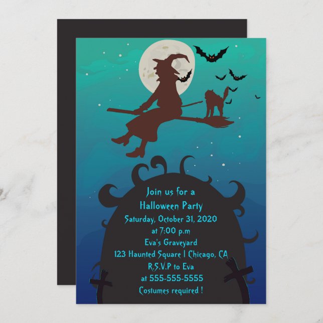 Invitation de la fête d'Halloween en sorcière et c (Devant / Derrière)