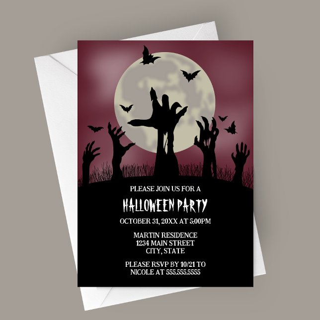 Invitation de la fête d'Halloween mains Zombie (Zombie Hands Spooky Full Moon Halloween Party Invitation)