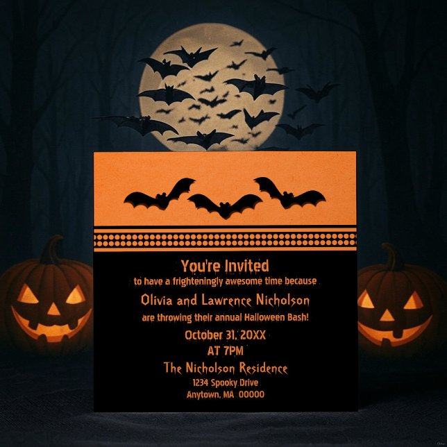 Invitation de la fête d'Halloween, Orange (Orange Gone Batty Halloween Party Invitation)