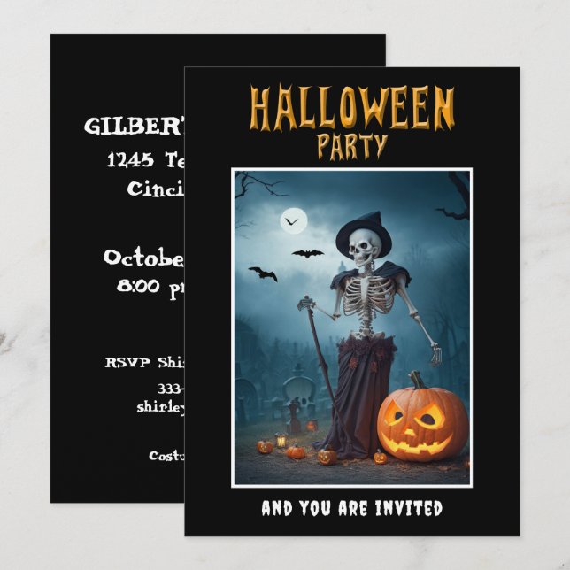 Invitation de la fête d'Halloween Skeleton et Citr (Devant / Derrière)