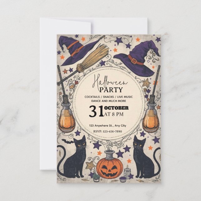Invitation de la fête d'Halloween sorcière magique (Devant)