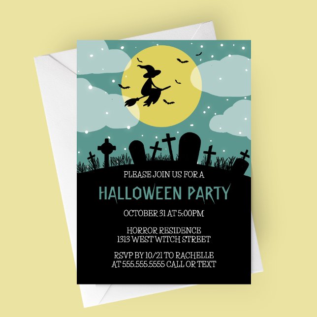 Invitation de la fête d'Halloween Sorcière volant (Flying Witch Over Cemetery with Blue Sky Halloween Party Invitation)