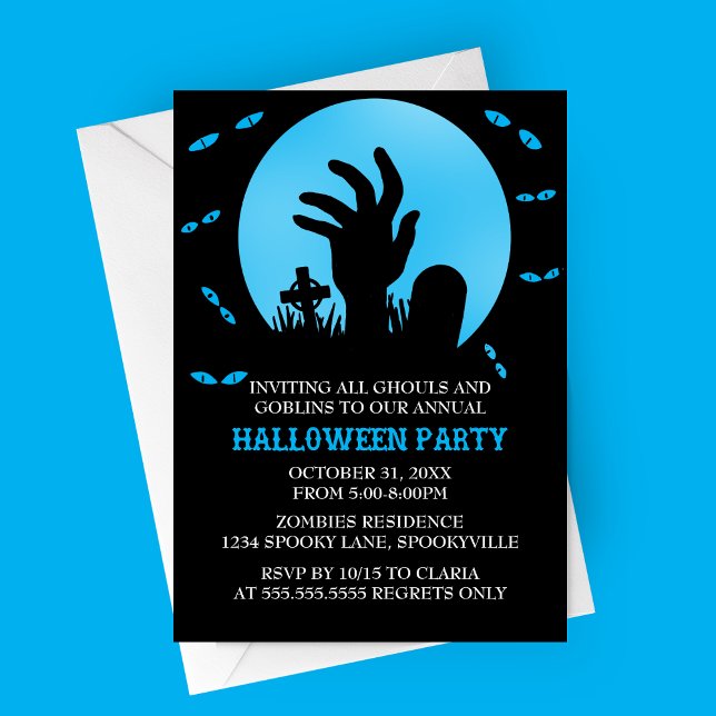 Invitation de la fête d'Halloween Zombie (Blue Zombie Spooky Halloween Party Invitation | Graveyard with Haunted Eyes and Full Moon)