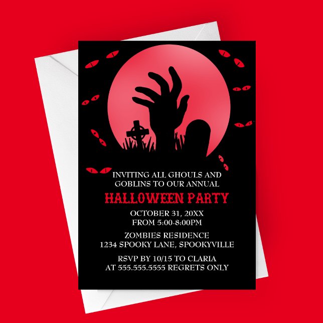 Invitation de la fête d'Halloween Zombie (Red Zombie Spooky Halloween Party Invitation | Graveyard with Haunted Eyes and Full Moon)