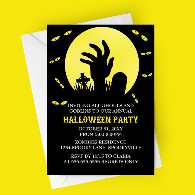 Invitation de la fête d'Halloween Zombie (Yellow Zombie Spooky Halloween Party Invitation | Graveyard with Haunted Eyes and Full Moon)